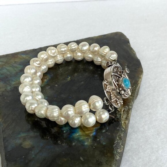 Sterling Silver 925 Two Strand Baroque Pearl Turquoise Bali Clasp Bracelet - Picture 13 of 16